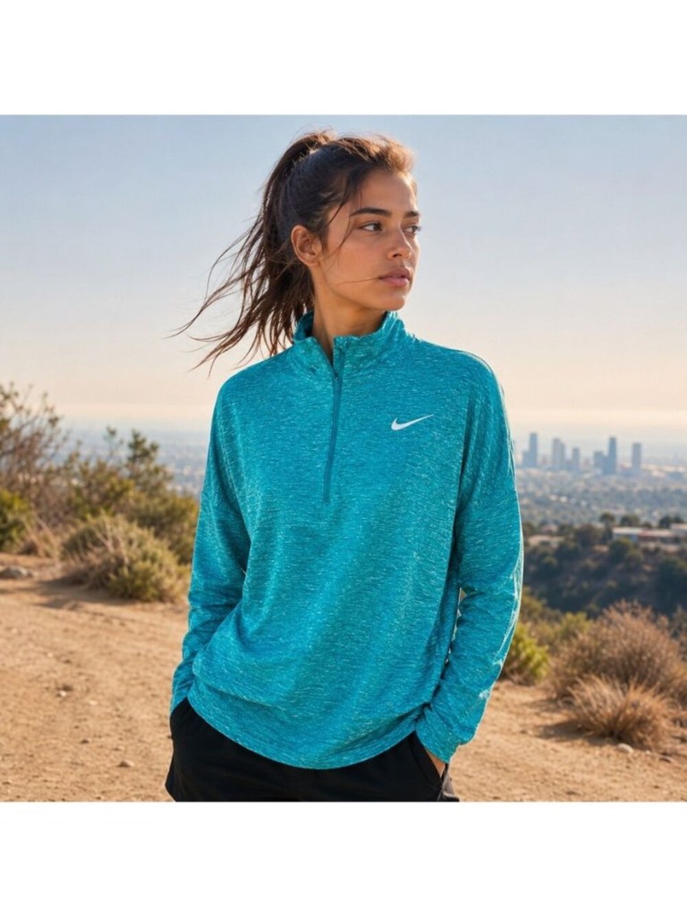Nike Dri-FIT Womens M Teal Heather 1/2 Zip Running Pullover Thumbholes Hiking